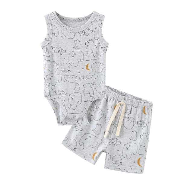 Summer Cartoon Sleeveless Newborn Clothes Sets Baby Boy Girl Bodysuits+Pants Soft Infant Outfits
