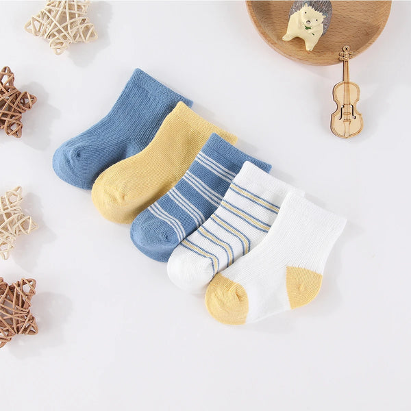 Kiddiezoom 5 Pairs Fashion Newborn Baby Boy Girl mid-calf Socks Cotton Soft Breathable Infant Accessories Four Seasons 0-12M