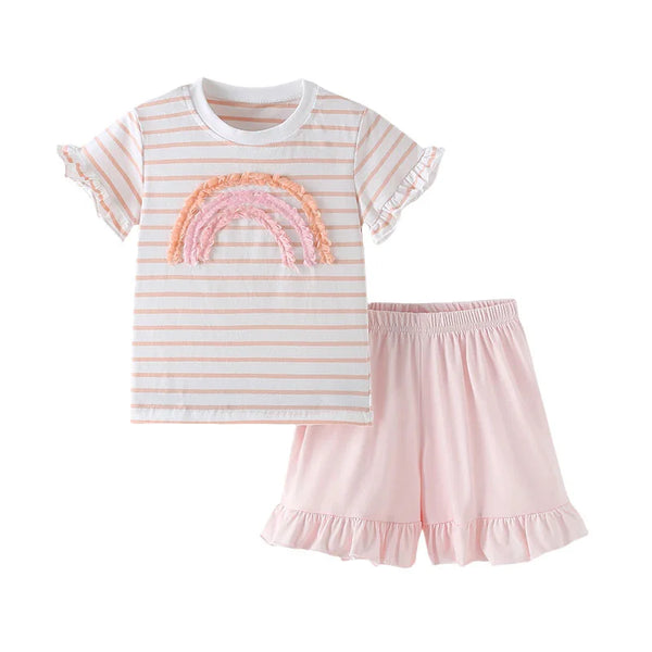 Jumping Meters Stripe Cotton 3-8T Kid Girls 2 PCS Sets Baby Outfits Summer Tops + Shorts Children's Clothing Set Toddler Outfits