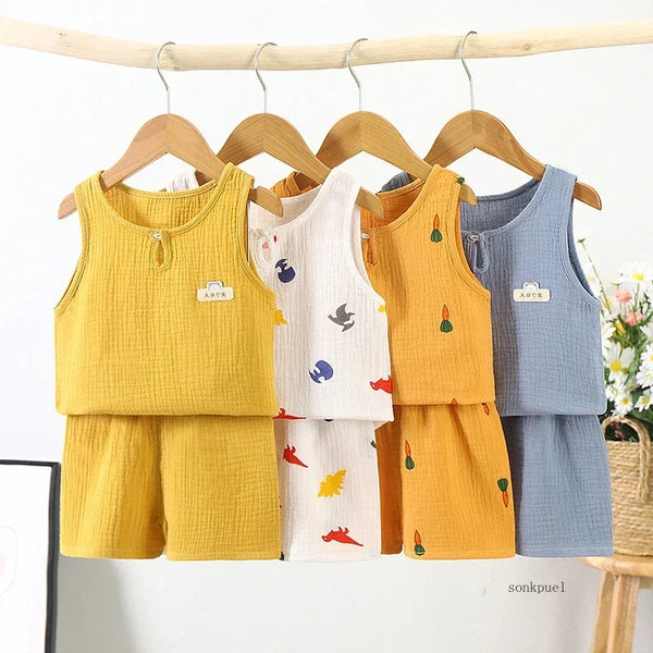 2024 Summer New Gauze Cotton Boys And Girls Tank Tops + Shorts Suit Children's Baby Home Clothes Infant 2pcs Sets