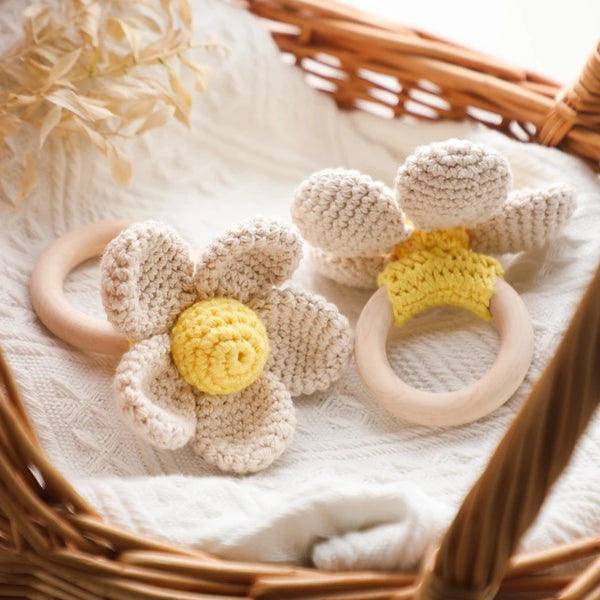 1pc Baby Flower Teether for Baby Cute Rattle Wooden Crochet Rattle Toys for Kids Wooden Babies Gym Montessori Children's Toys