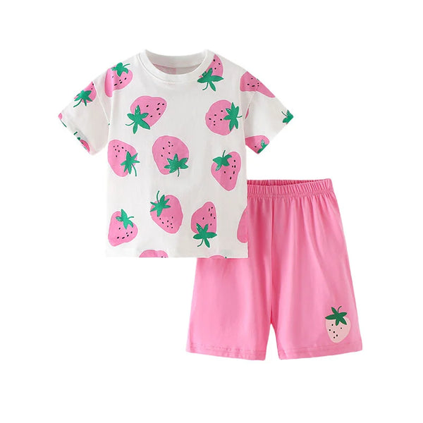 Jumping Meters 100% Cotton 3-8T Strawberry Girl 2 PCS Sets Baby Outfits Summer Tops + Shorts Children's Clothing Toddler Outfits